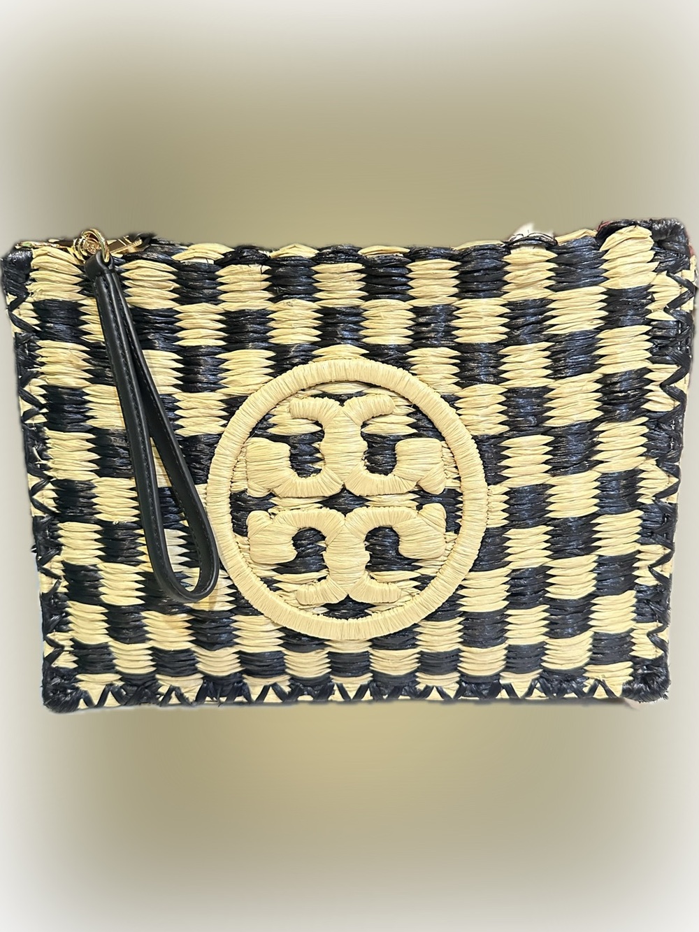 TORY BURCH NATURAL BLACK CHECK WOVEN WEAVE STRAW WICKER LOGO CLUTCH WRISTLET 11”
